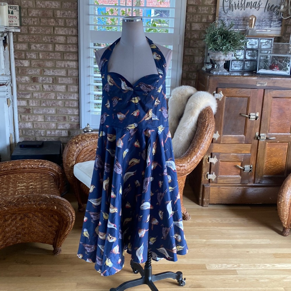 MISS LULO HALTER BIRD DRESS ROCKABILLY PIN UP XL NEW